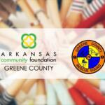 Arkansas Community Foundation Greene County logo on the left and Greene County Rescue Squad emblem on the right, with a blurred colorful background.