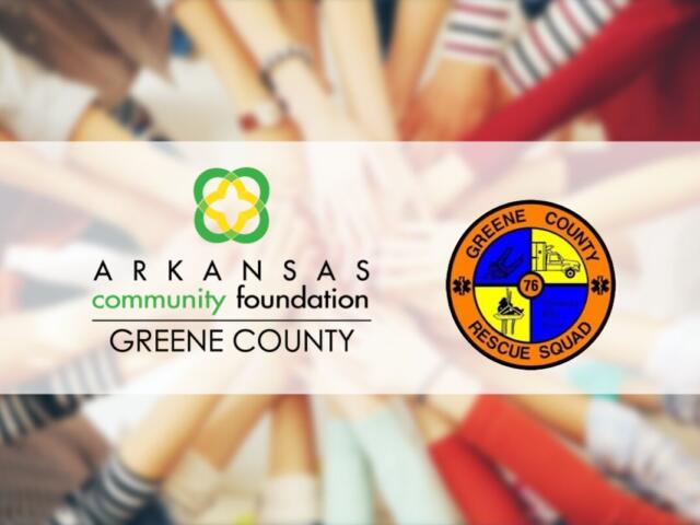 Arkansas Community Foundation Greene County logo on the left and Greene County Rescue Squad emblem on the right, with a blurred colorful background.