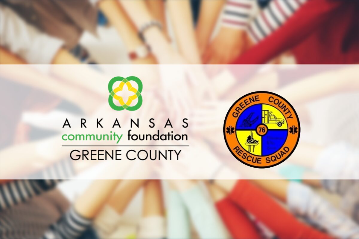 Arkansas Community Foundation Greene County logo on the left and Greene County Rescue Squad emblem on the right, with a blurred colorful background.