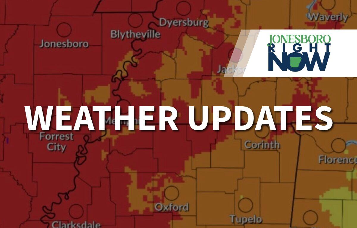 Color‑coded weather map with red and orange zones, city labels (Oxford, Jackson, Forrest City) and a bold 'WEATHER UPDATES' banner across the image, plus a Jonesboro Right Now logo in the corner.