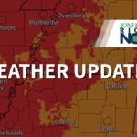Color‑coded weather map with red and orange zones, city labels (Oxford, Jackson, Forrest City) and a bold 'WEATHER UPDATES' banner across the image, plus a Jonesboro Right Now logo in the corner.