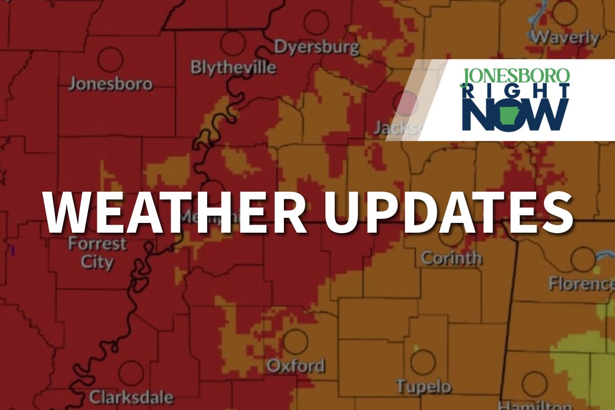 Color‑coded weather map with red and orange zones, city labels (Oxford, Jackson, Forrest City) and a bold 'WEATHER UPDATES' banner across the image, plus a Jonesboro Right Now logo in the corner.