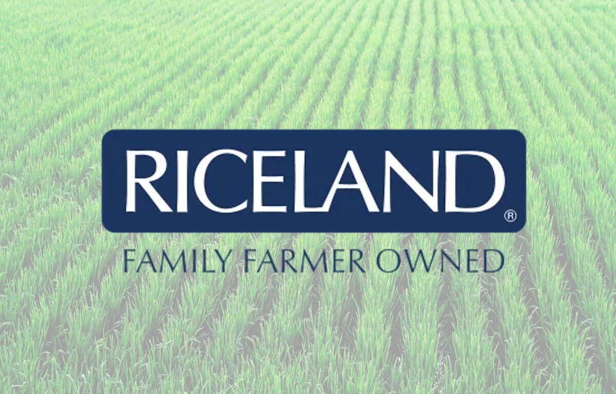 RICELAND logo on a green rice-field backdrop with the slogan 'FAMILY FARMER OWNED'.