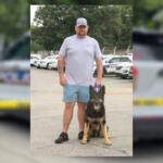 Man in a gray t-shirt and blue shorts stands next to a German Shepherd in a parking lot, both looking at the camera.