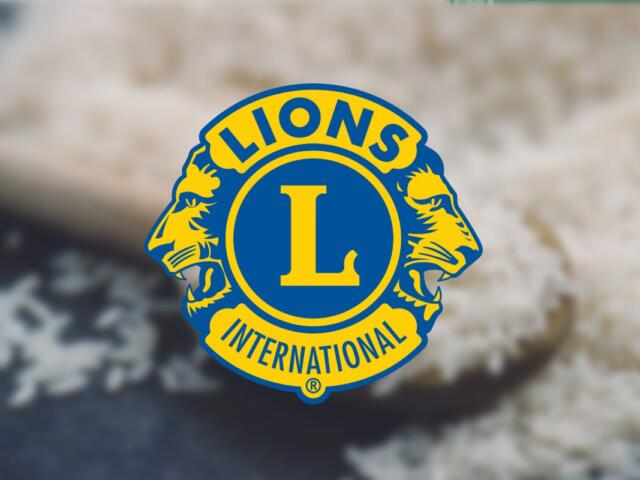 Lions Clubs International emblem in blue and gold centered on a blurred background.