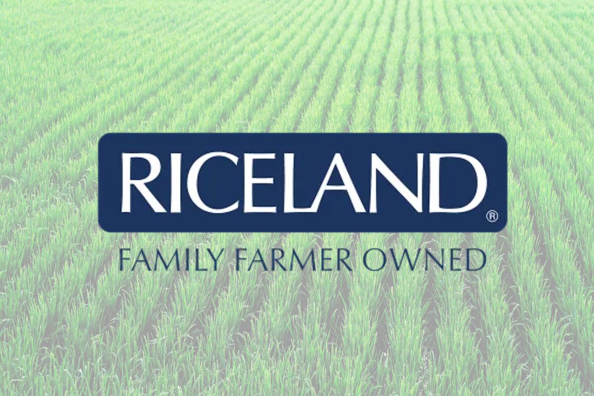RICELAND logo on a green rice-field backdrop with the slogan 'FAMILY FARMER OWNED'.