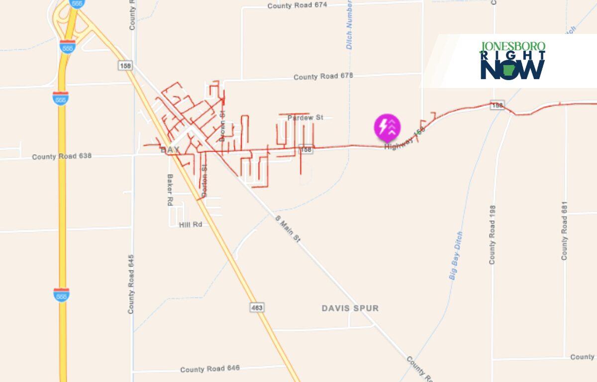 Map view of a residential area with red street outlines, a purple pinpoint marker, and a Jonesboro Right Now logo in the corner as context