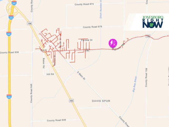 Map view of a residential area with red street outlines, a purple pinpoint marker, and a Jonesboro Right Now logo in the corner as context