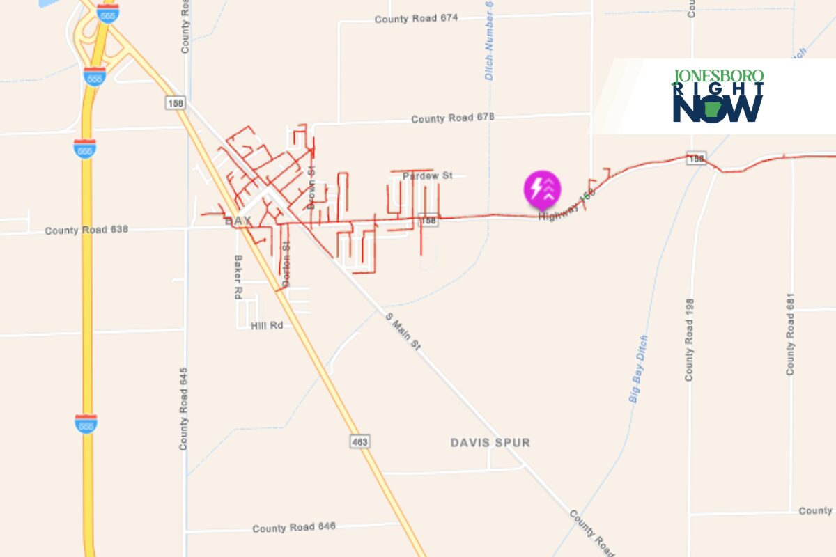 Map view of a residential area with red street outlines, a purple pinpoint marker, and a Jonesboro Right Now logo in the corner as context