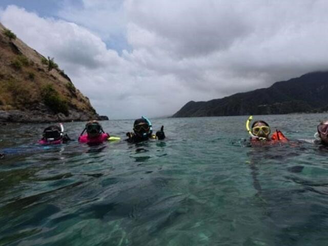 Group of snorkelers floating in clear turquoise water near rocky shore as mountains loom in overcast sky behind them