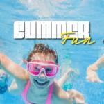 Three kids swim underwater in a bright pool, wearing goggles, with bold 'SUMMER Fun' text overlay. Motivational summer promo banner.
