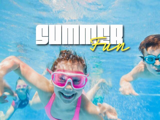 Three kids swim underwater in a bright pool, wearing goggles, with bold 'SUMMER Fun' text overlay. Motivational summer promo banner.