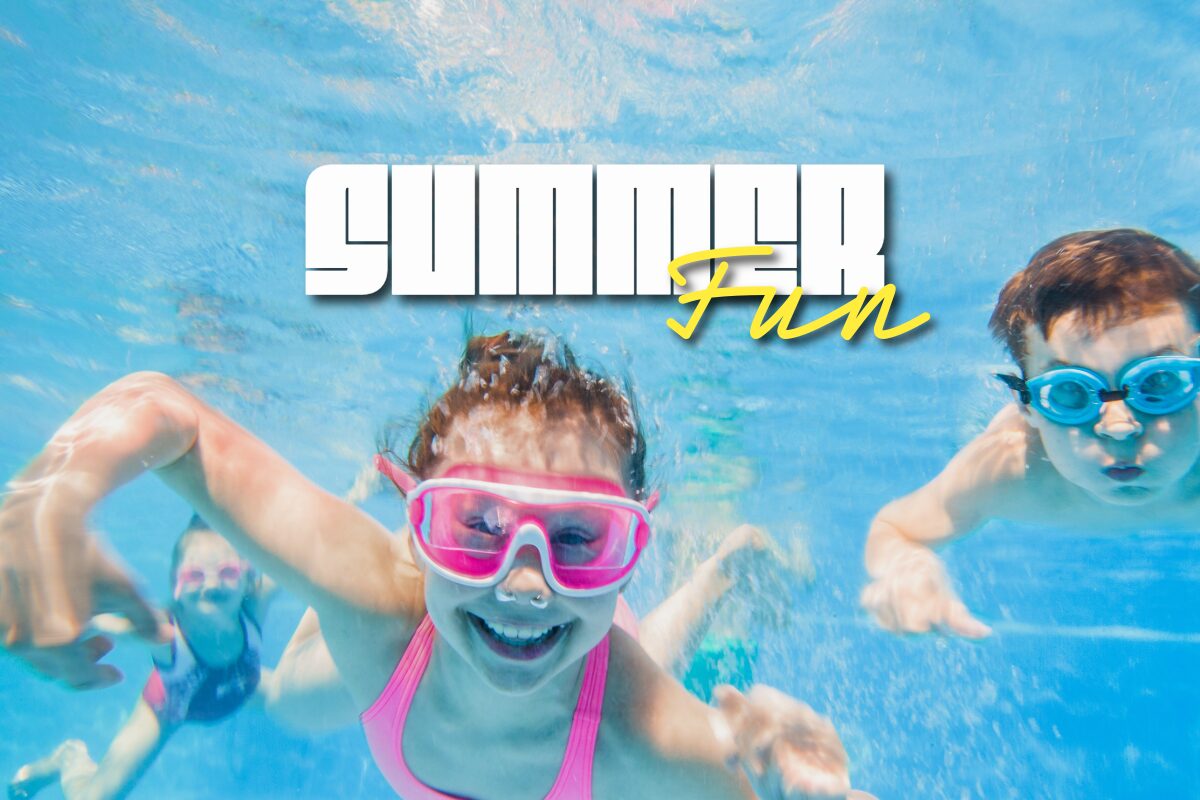 Three kids swim underwater in a bright pool, wearing goggles, with bold 'SUMMER Fun' text overlay. Motivational summer promo banner.