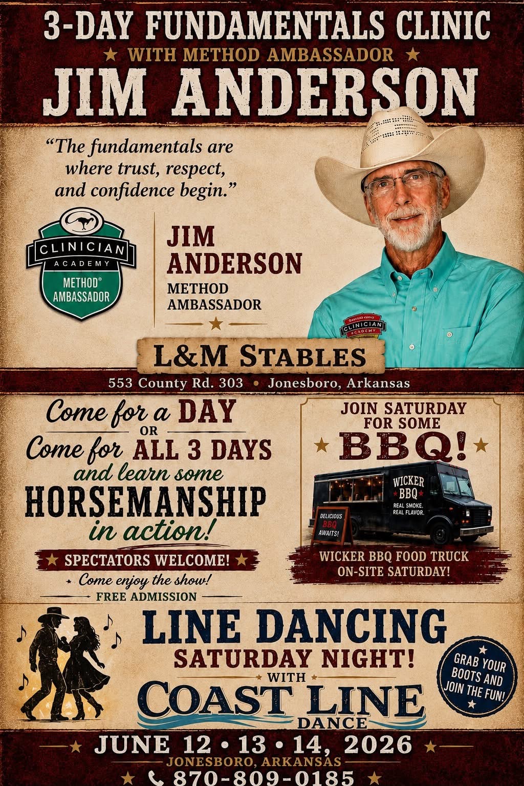 Poster for a 3-day fundamentals clinic with Jim Anderson, Method Ambassador, featuring L&M Stables and a BBQ truck event poster-style festival info at Jonesboro, Arkansas, June 12–14, 2026