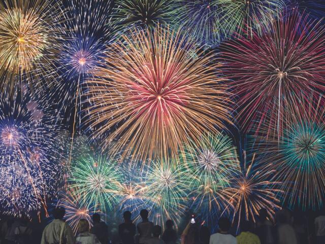 Colorful fireworks explode in the night sky above a crowd of silhouetted spectators observing the display.