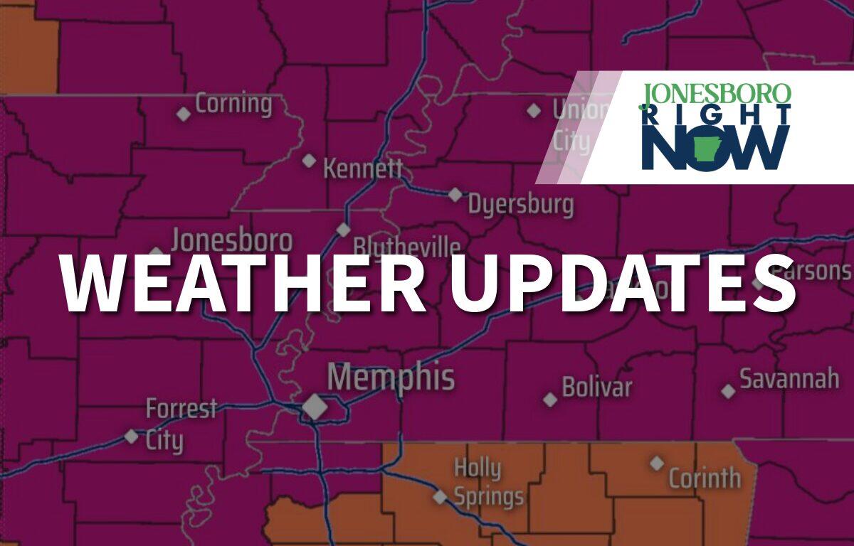 Banner-style map showing weather updates with bold white text 'WEATHER UPDATES' over a purple-toned map and an upper-right 'Jonesboro Right Now' logo.