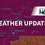 Banner-style map showing weather updates with bold white text 'WEATHER UPDATES' over a purple-toned map and an upper-right 'Jonesboro Right Now' logo.