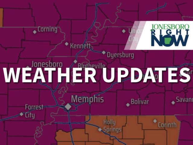 Banner-style map showing weather updates with bold white text 'WEATHER UPDATES' over a purple-toned map and an upper-right 'Jonesboro Right Now' logo.