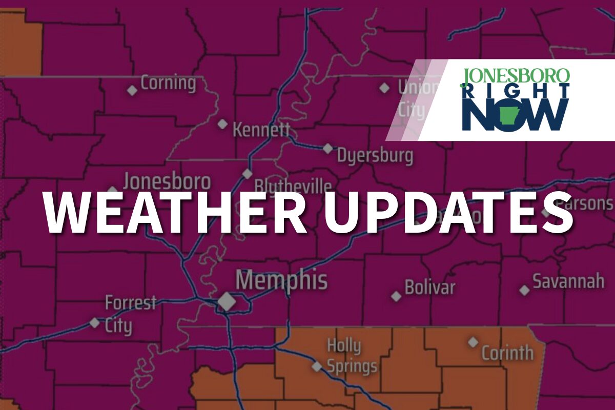 Banner-style map showing weather updates with bold white text 'WEATHER UPDATES' over a purple-toned map and an upper-right 'Jonesboro Right Now' logo.