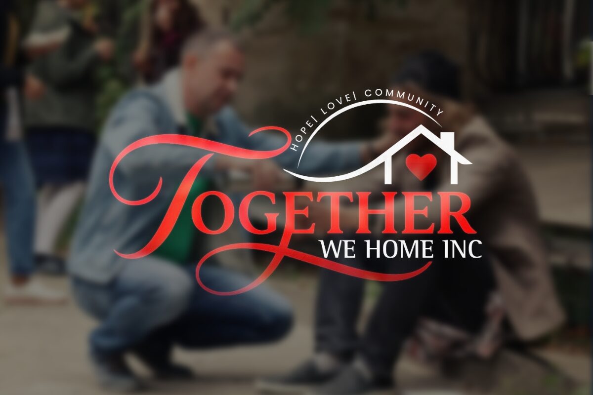 Logo for 'Together We Home Inc' featuring red decorative wordmark, a white house outline with a red heart, and the slogan 'We Home Inc' beneath.