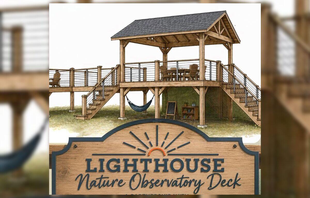 Raised wooden deck with stairs and hammock beneath a pavilion; sign reads 'Lighthouse Nature Observatory Deck'.