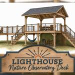 Raised wooden deck with stairs and hammock beneath a pavilion; sign reads 'Lighthouse Nature Observatory Deck'.