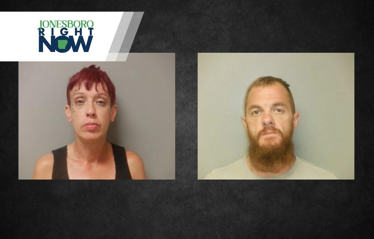 Two mugshots side by side on a dark background with a Jonesboro Right Now banner in the corner.