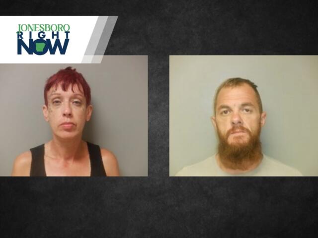 Two mugshots side by side on a dark background with a Jonesboro Right Now banner in the corner.