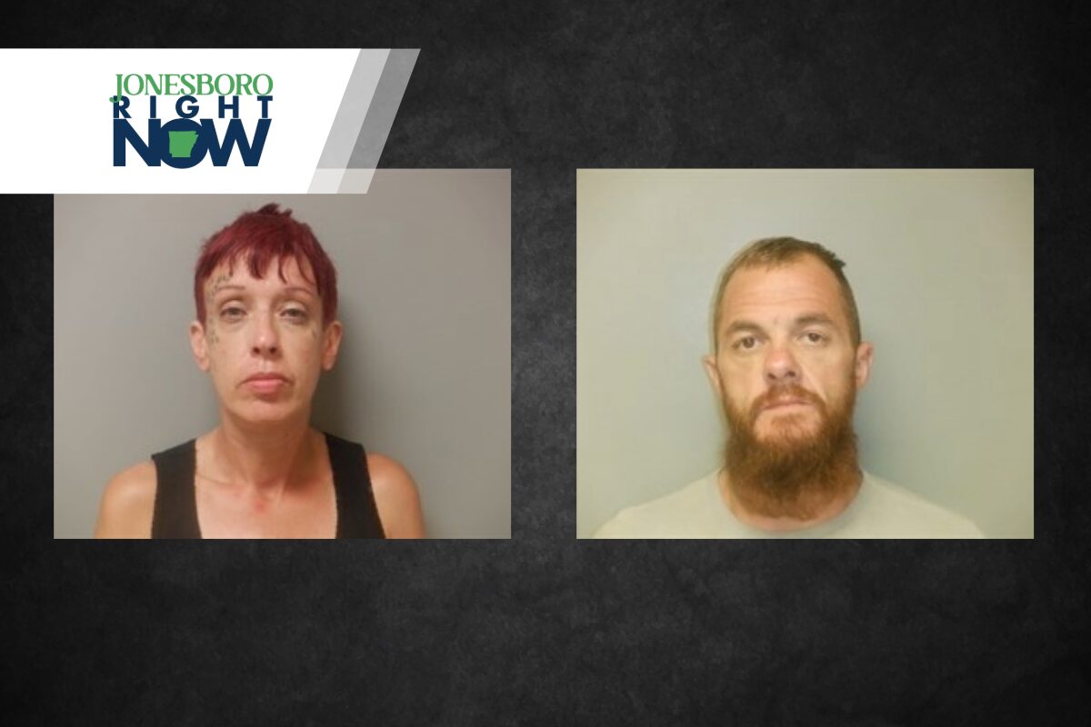 Two mugshots side by side on a dark background with a Jonesboro Right Now banner in the corner.