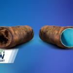 Two opened rusty pipes with blue interiors on a blue gradient background, with a 'Jonesboro Right Now The Expert' logo in the bottom-left corner.
