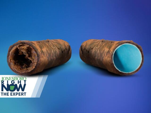 Two opened rusty pipes with blue interiors on a blue gradient background, with a 'Jonesboro Right Now The Expert' logo in the bottom-left corner.