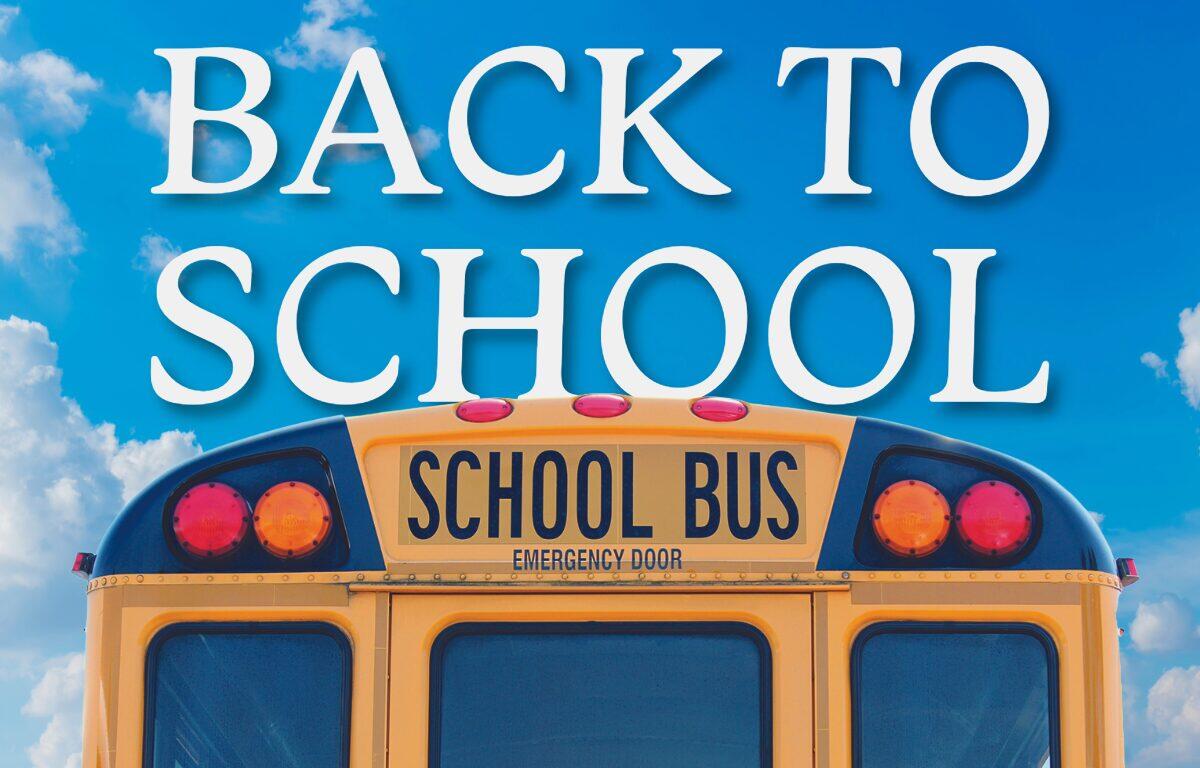 Bright blue sky with a yellow school bus; large 'BACK TO SCHOOL' text above.