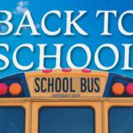 Bright blue sky with a yellow school bus; large 'BACK TO SCHOOL' text above.