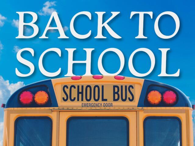 Bright blue sky with a yellow school bus; large 'BACK TO SCHOOL' text above.