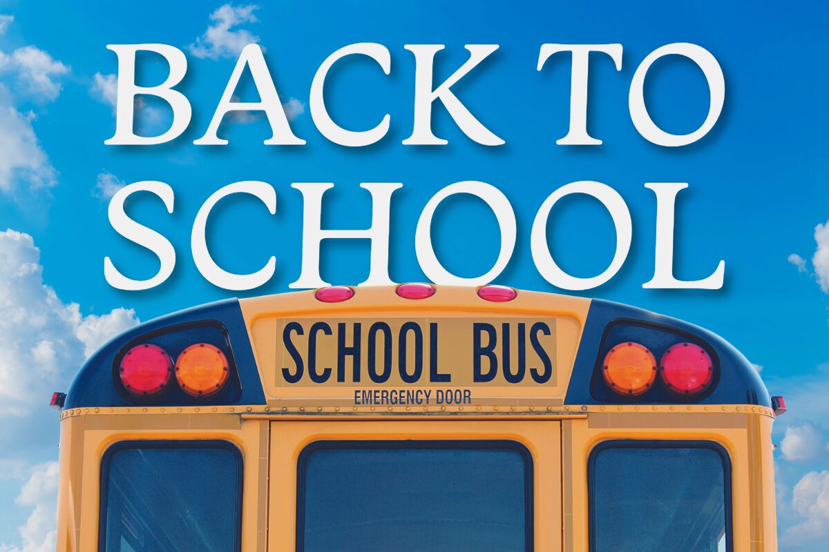 Bright blue sky with a yellow school bus; large 'BACK TO SCHOOL' text above.