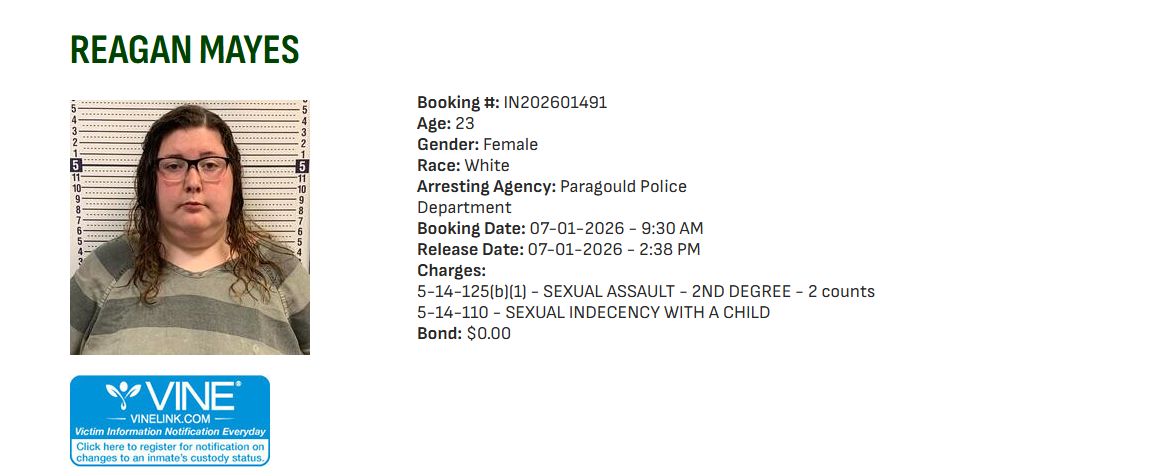 Reagan Mayes mugshot with height chart behind her; booking details and charges listed to the right.