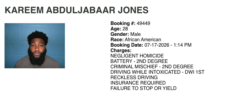 Mugshot-style photo of a bearded man with short hair against a blue wall; to the right, a text block with booking details and listed charges such as negligent homicide and reckless driving.