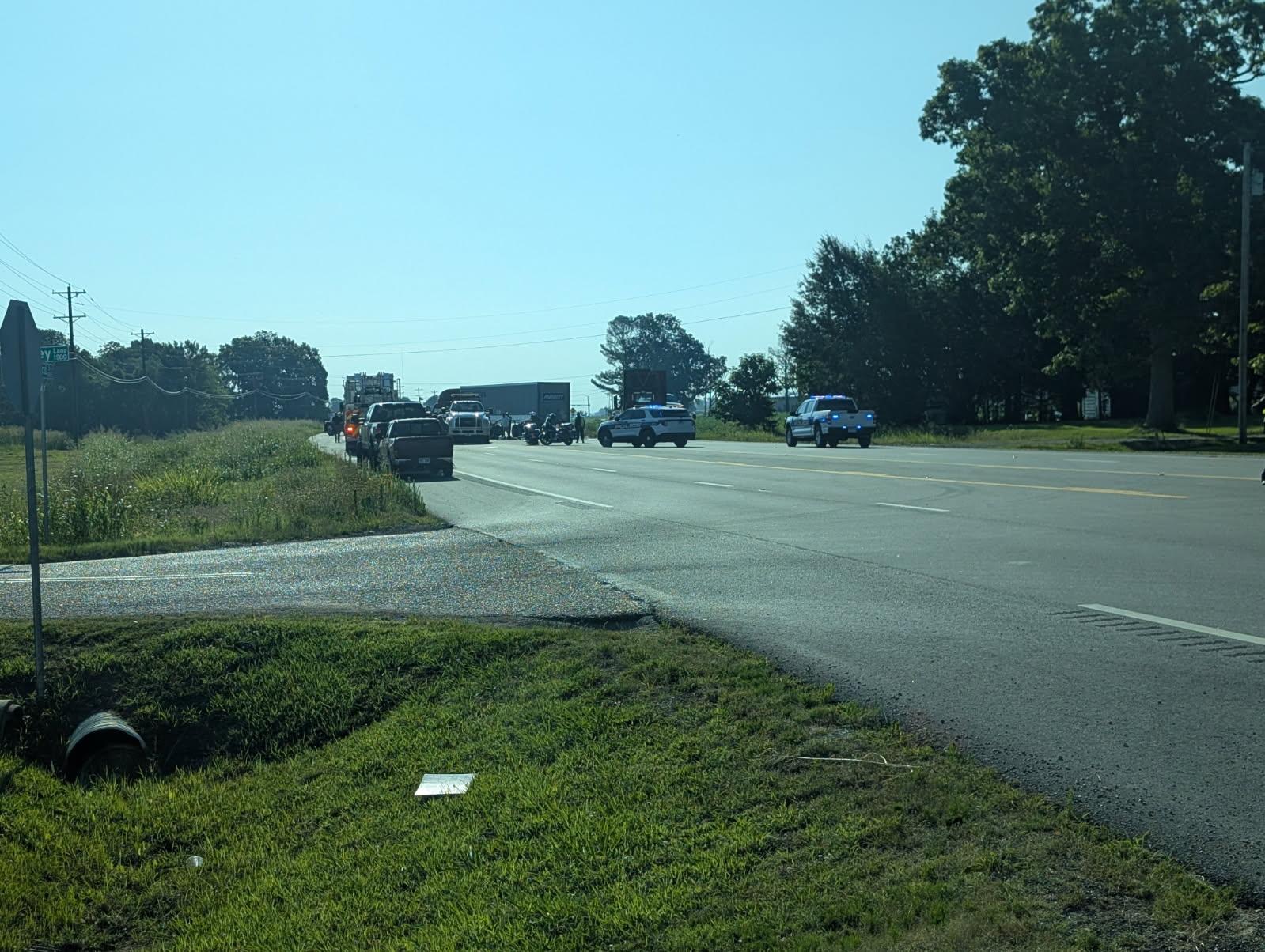 Police cars with flashing lights blocking a busy highway near a grassy median and trees on a sunny day, with other vehicles stopped nearby.