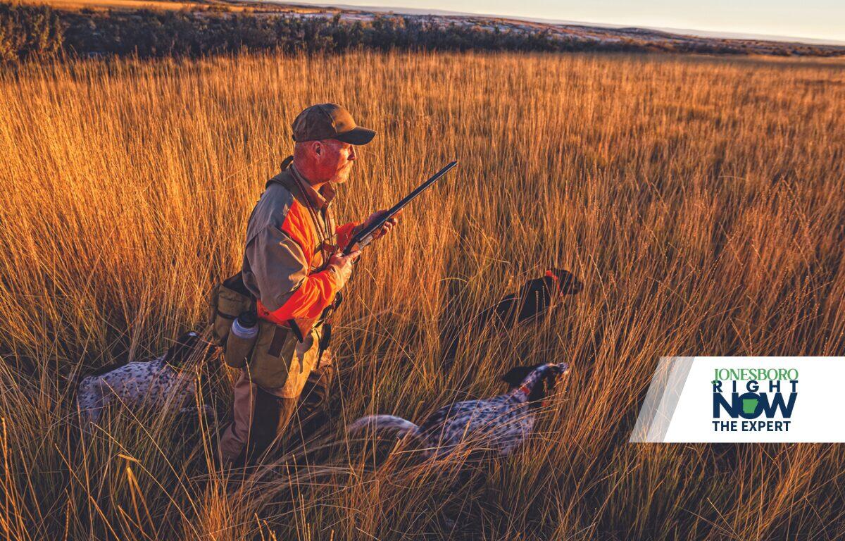 man holding gun in hunting vest with hunting dogs