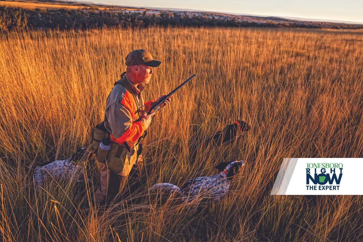 man holding gun in hunting vest with hunting dogs